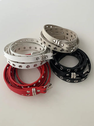 Tooze Eyelet Double-Stripe Slim Leather Belt