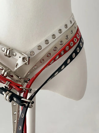 Tooze Eyelet Double-Stripe Slim Leather Belt