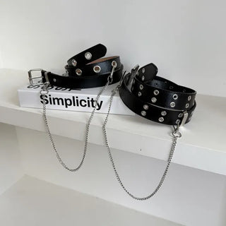 Eyelet Chain Black Leather Belt 2 Types