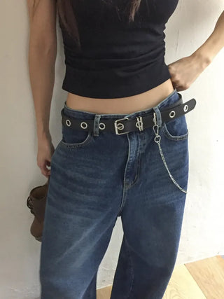 Eyelet Chain Black Leather Belt 2 Types