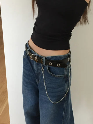 Eyelet Chain Black Leather Belt 2 Types