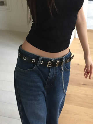 Eyelet Chain Black Leather Belt 2 Types