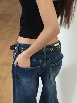 Eyelet Chain Black Leather Belt 2 Types