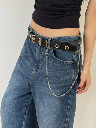 Eyelet Chain Black Leather Belt 2 Types