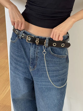 Eyelet Chain Black Leather Belt 2 Types