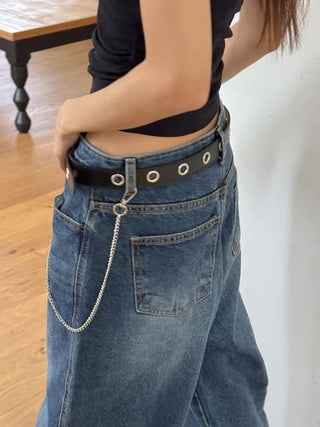 Eyelet Chain Black Leather Belt 2 Types