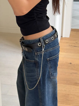 Eyelet Chain Black Leather Belt 2 Types