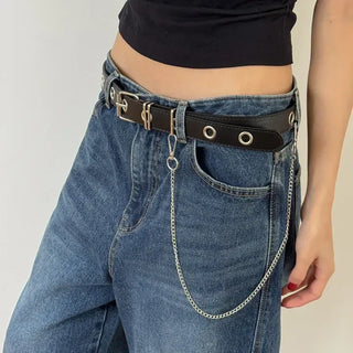 Eyelet Chain Black Leather Belt 2 Types