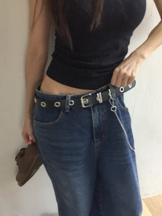 Eyelet Chain Black Leather Belt 2 Types
