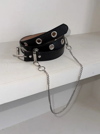 Eyelet Chain Black Leather Belt 2 Types