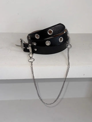 Eyelet Chain Black Leather Belt 2 Types