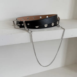 Eyelet Chain Black Leather Belt 2 Types