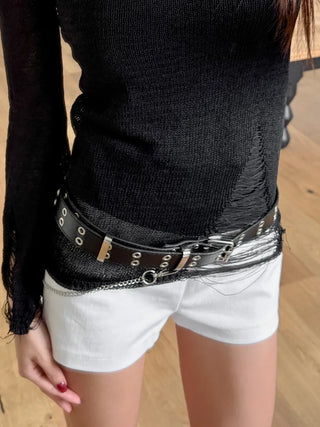 Eyelet Chain Black Leather Belt 2 Types