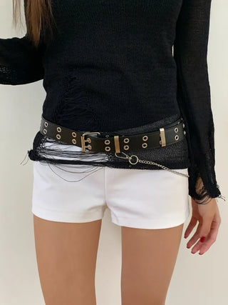 Eyelet Chain Black Leather Belt 2 Types