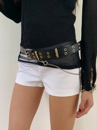 Eyelet Chain Black Leather Belt 2 Types