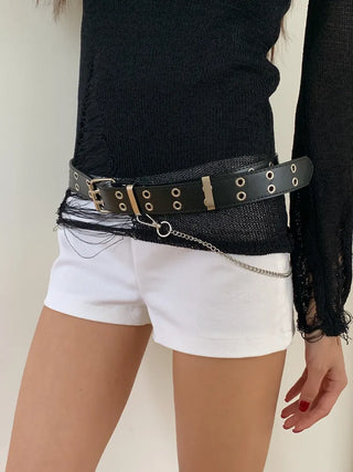 Eyelet Chain Black Leather Belt 2 Types