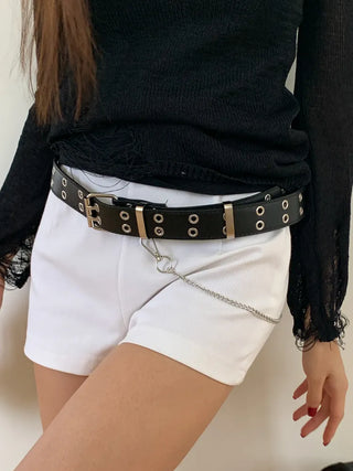 Eyelet Chain Black Leather Belt 2 Types