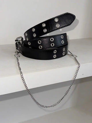 Eyelet Chain Black Leather Belt 2 Types
