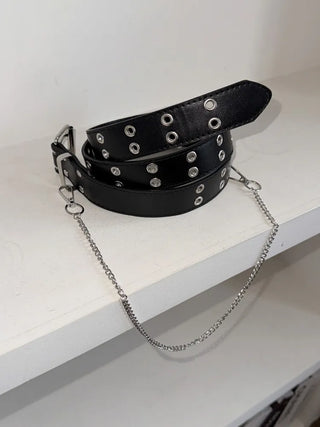 Eyelet Chain Black Leather Belt 2 Types
