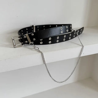 Eyelet Chain Black Leather Belt 2 Types