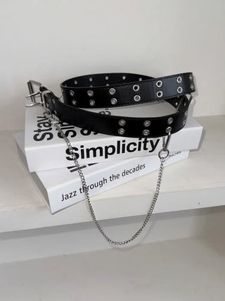 Eyelet Chain Black Leather Belt 2 Types
