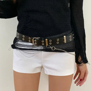 Eyelet Chain Black Leather Belt 2 Types