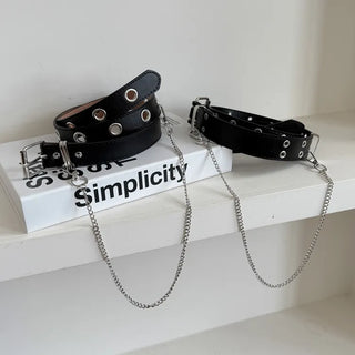 Eyelet Chain Black Leather Belt 2 Types