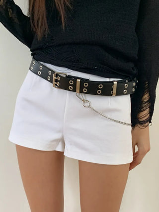Eyelet Chain Black Leather Belt 2 Types