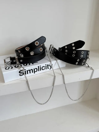 Eyelet Chain Black Leather Belt 2 Types