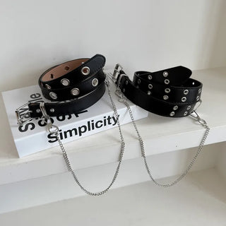 Eyelet Chain Black Leather Belt 2 Types