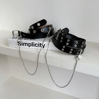 Eyelet Chain Black Leather Belt 2 Types