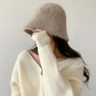 Soft Angora Fur Bucket Hat Winter Fur Hat