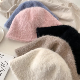 Soft Angora Fur Bucket Hat Winter Fur Hat