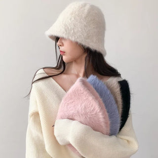Soft Angora Fur Bucket Hat Winter Fur Hat
