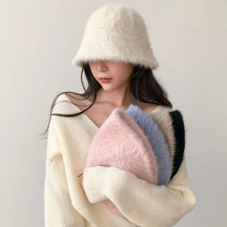 Soft Angora Fur Bucket Hat Winter Fur Hat