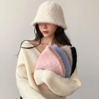Soft Angora Fur Bucket Hat Winter Fur Hat