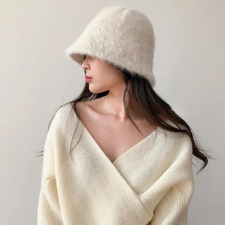 Soft Angora Fur Bucket Hat Winter Fur Hat