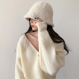 Soft Angora Fur Bucket Hat Winter Fur Hat