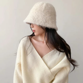 Soft Angora Fur Bucket Hat Winter Fur Hat