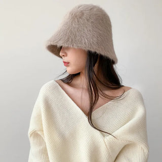 Soft Angora Fur Bucket Hat Winter Fur Hat