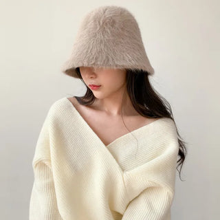 Soft Angora Fur Bucket Hat Winter Fur Hat