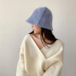 Soft Angora Fur Bucket Hat Winter Fur Hat