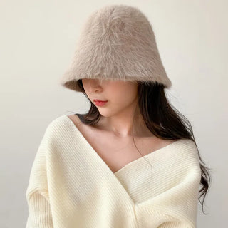 Soft Angora Fur Bucket Hat Winter Fur Hat