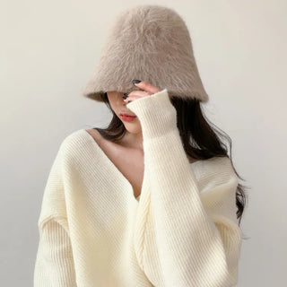 Soft Angora Fur Bucket Hat Winter Fur Hat