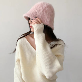 Soft Angora Fur Bucket Hat Winter Fur Hat
