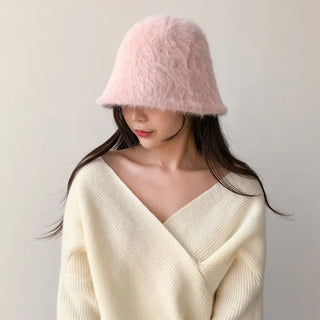 Soft Angora Fur Bucket Hat Winter Fur Hat