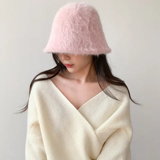 Soft Angora Fur Bucket Hat Winter Fur Hat