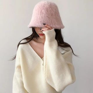 Soft Angora Fur Bucket Hat Winter Fur Hat