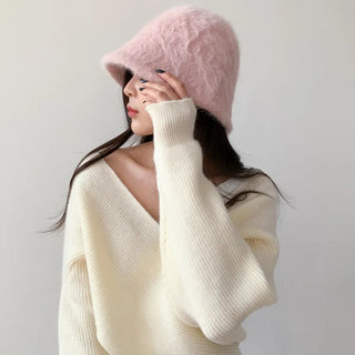 Soft Angora Fur Bucket Hat Winter Fur Hat