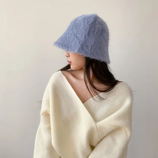 Soft Angora Fur Bucket Hat Winter Fur Hat